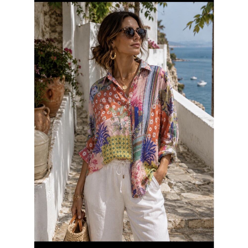 Zaket and Plover Patchwork Vibrant Button Down Tropical Artsy Sz M Mediterranean